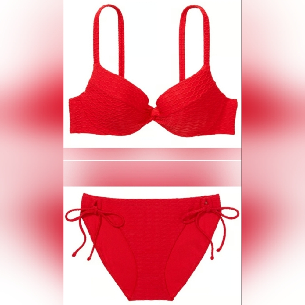 40D/XXL VS Swim Twist PushUp Bikini Top Side Tie Bikini Set Red